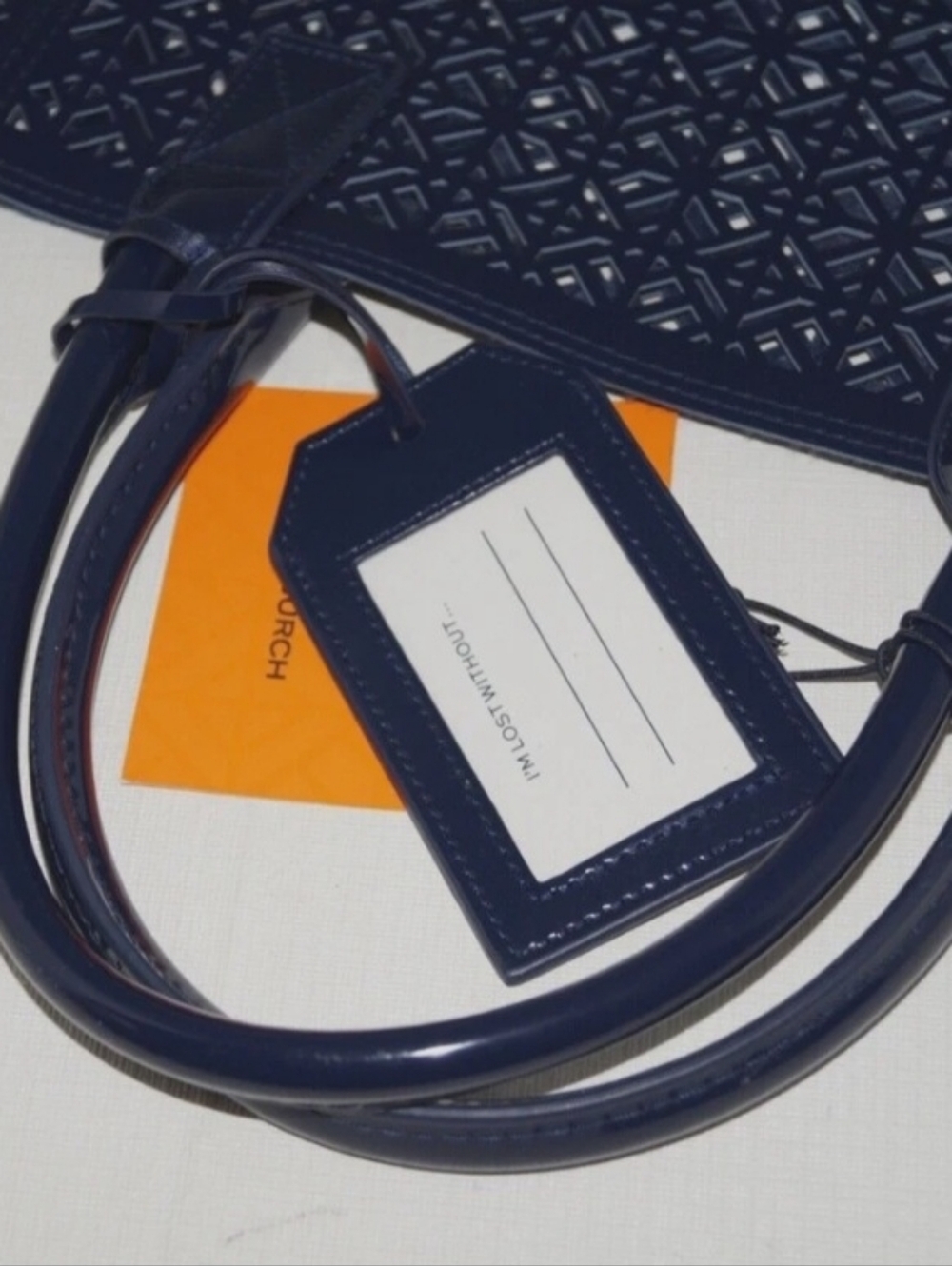 Tory Burch Laser Cut Navy Blue Tote - Picture 7 of 9